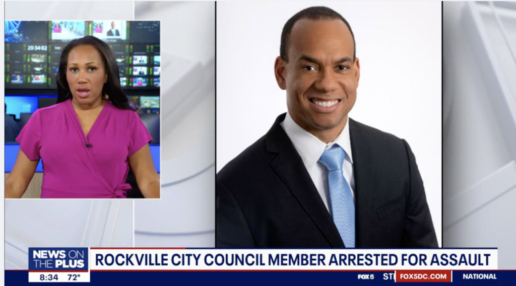 This is a snapshot taken from D.C. Fox 5's website from a report that Rockville City Councilman David Myles was arrested on assault charges on Sept. 9, 2023. 